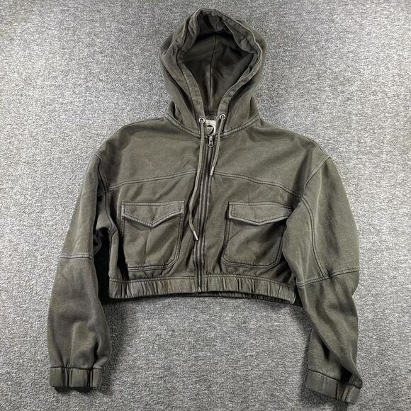 Urban Outfitters Women's Green / Brown Cropped Hoodie Jacket with Pockets - Picture 1 of 6